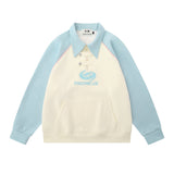 Men Hoodie Color-Block Raglan Sleeves Lapel Pullover Sweater