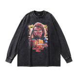 Men Long Sleeve Shirt Printed Washed Long Sleeve Bottoming Tee Hip Hop Retro Style Men and Women