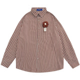 Men Long Sleeved T Shirt Flower Vertical Striped Long Sleeve Shirt Men's Spring and Autumn Loose Shirt Casual