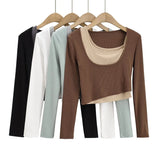 Women T-Shirt Long-Sleeved T-shirt Women's Short Contrast Color Top