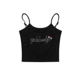 Women Vest Letter Rhinestone Strap Girls Slim Bottoming