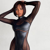 Women Jumpsuit Autumn Fashion Stitching Mesh round Neck