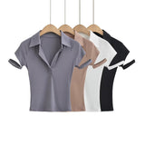 Women T-Shirt Slim Polo Collar Short Sleeve T-shirt Female Summer Patchwork Top