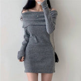 Women Dresses Knitted Dress off-the-Shoulder Sling Hip Skirt Long Sleeve Skirt