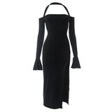 Women Dresses Long Sleeve Backless Slit Mid-Length Dress Women