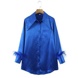 Women T-shirt Autumn Leisure Feather Stitching Loose Long Sleeve Shirt