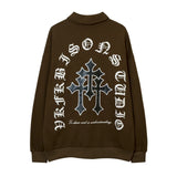 Men Hoodie Cross Printing Lapel Sweater Men's Loose Long Sleeve Polo Collar Pullover