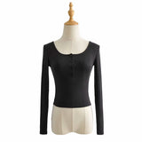 Women T-Shirt Button round Neck Long Sleeve T-shirt Women's Short