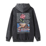 Men Hoodie Rose Printed Hood Sweater Men's Loose Washed-out Distressed Hoodie