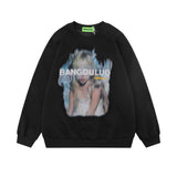 Men Hoodie Fuzzy Character Printed Crew Neck Sweatshirt