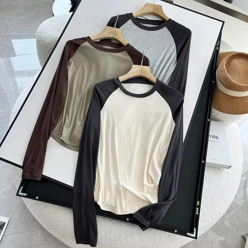 Women T-Shirt Long Sleeve T-shirt Female Contrast Color Slim Fit Autumn Winter Coat