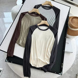 Women T-Shirt Long Sleeve T-shirt Female Contrast Color Slim Fit Autumn Winter Coat