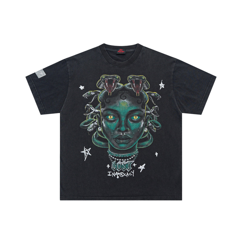 Lost Intricacy T-Shirt Medusa Snakehead Print Short Sleeve Wash