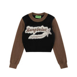 Women Sweater Color-Block Crew Neck Short Sweater Letter Autumn Sweater