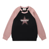 Men Hoodie Raglan Sleeve Crew Neck Pullover Sweatshirt Stitching Five-Pointed Star Printed Spring and Autumn Loose Top