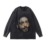 Men Long Sleeve Shirt Cartoon Printed Washed and Worn Long Sleeve T-shirt Men and Women Hiphop Loose