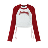 Women Long Sleeve T-Shirt Letters Embroidered Long Sleeve T-shirt Women's round-Neck Color Matching Short