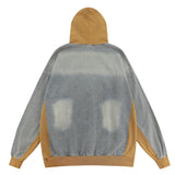 Men Denim Jacket Vintage Colorblock Hood Pullover Denim Jacket Men's Embroidery Letters Washed and Worn