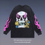 Men Long Sleeve Shirt Skull Flame Distressed Washed Long Sleeve T-shirt for Men and Women