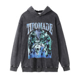 Men Hoodie Robot Printed Hoodie Men's Washed Make Old Ripped