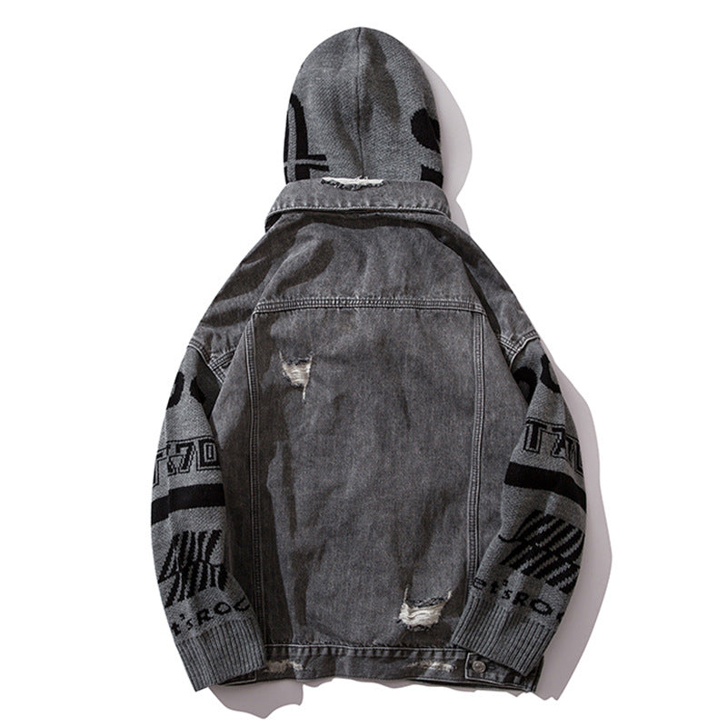 Men Denim Jacket Men's Spring and Autumn Loose Stitching Sweater Hooded Jacket
