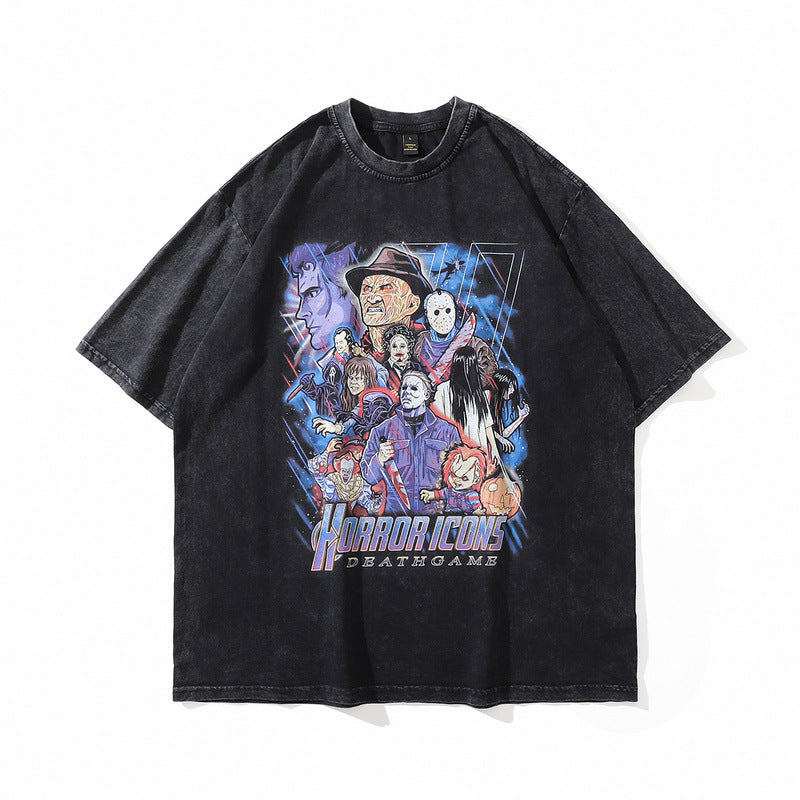 Men T Shirt Washed T-shirt Couple Retro Distressed Loose Street