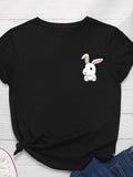 Pocket Bunny Print Women T Shirt Short Sleeve O Neck