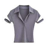 Women T-Shirt Slim Polo Collar Short Sleeve T-shirt Female Summer Patchwork Top