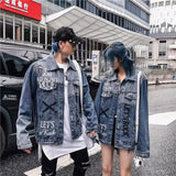 Men Denim Jacket Fashion Brand High Street Design Stitching over Printed Letters Loose Denim Jacket Men Vibe Punk Denim Clothes Jacket