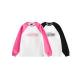 Unisex Hoodie Vintage Embroidered Raglan Sleeve Crew Neck Pullover Sweatshirt