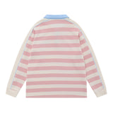 Men Hoodie Striped Stitching Lapel Sweater Loose Contrast Color Polo Shirt Long Sleeve Top