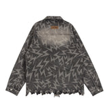 Men Denim Jacket Lightning Printed Jacket Coat Washed Distressed Denim Jacket