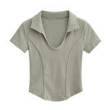 Women T-Shirt Polo Lapel Fitted Short T-shirt Short Sleeve Top