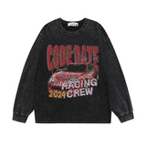Men Long Sleeve Shirt Hip Hop Retro Printed Washed Distressed Long Sleeve T-shirt for Men and Women Autumn