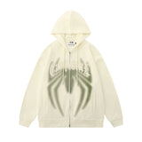 Men Hoodie Spider Print Hooded Cardigan Sweater Two-Way Zipper Jacket