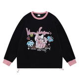 Men Hoodie Cartoon Kitten Graffiti Printing Sweater Boys Stitching round Neck Loose Top