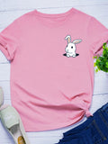 Pocket Bunny Print Women T Shirt Short Sleeve O Neck