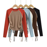 Women T-shirt Color Contrast Patchwork Drawstring Long Sleeve Top O-neck Short