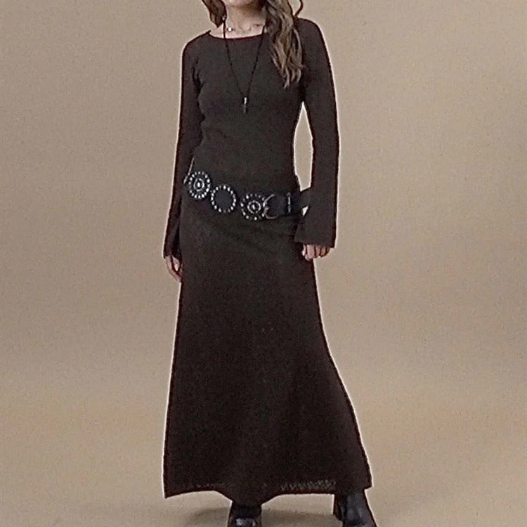 Women Sweater Dress round Neck Backless Sexy Dress Crocheted Knitted Tight Long Sleeve