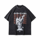 Men T Shirt Angel Print Wash Short Sleeve T-shirt Men and Women Retro Couple