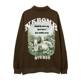Men Hoodie Sheep Printing Lapel Sweater Boys Spring and Autumn Half Zipper Polo Shirt