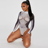 Women Jumpsuit Women's Autumn Fashion Printed Mesh Long Sleeve Jumpsuit