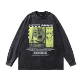 Men Long Sleeve Shirt Anime Print Washed Long Sleeve T-shirt Men and Women Hip Hop