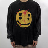 Men T-shirts "Broken Smiley Face" Pattern Printed T-Shirt Old Washed Vintage Long Sleeves
