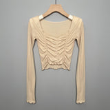 Women Long Sleeve Shirt Short V-neck Base Shirt Solid Color Slim Fit