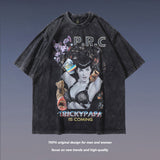 Men T Shirt Washed Old Vintage Print Short Sleeves T-shirt