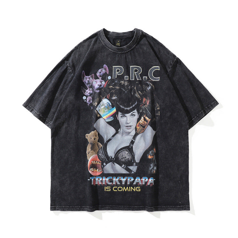 Men T Shirt Washed Old Vintage Print Short Sleeves T-shirt