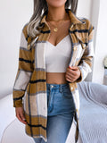 Plaid Trench Coat Casual Contrast Color Plaid Long-Sleeved Woolen Coat