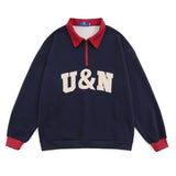 Men Hoodie Lapel Sweater Men's Spring and Autumn Loose Contrast Color Polo Collar Half Zipper Top