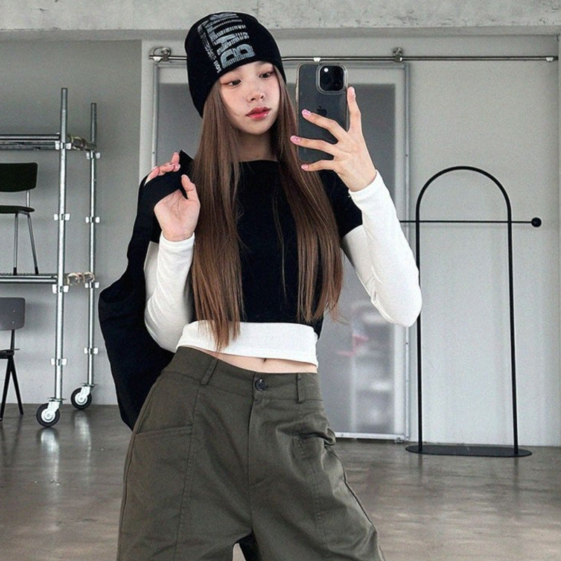 Women Long Sleeve Shirt Autumn Long Sleeve Short Top Women's round Neck Bottoming Shirt